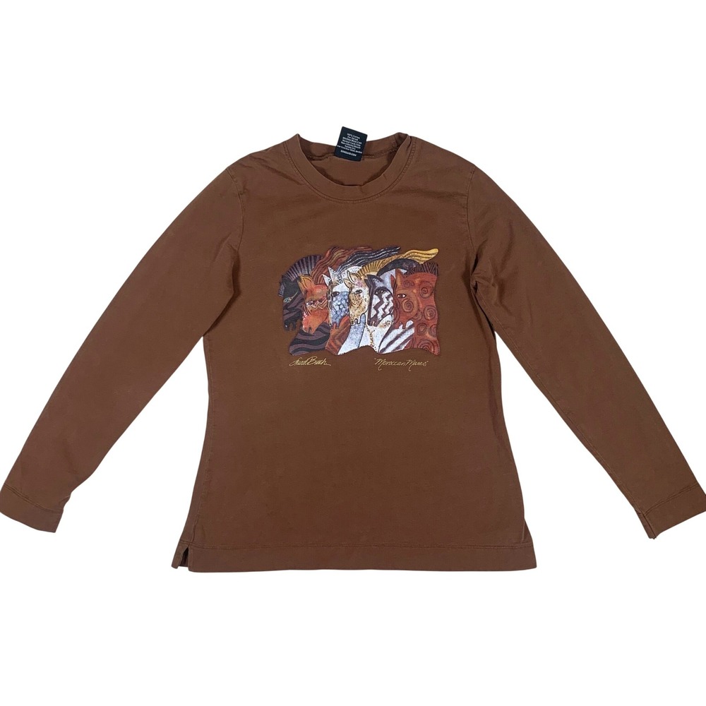 Laurel Burch Moroccan Mares Shirt Womens Small Brown Long Sleeve Horse Art Tee